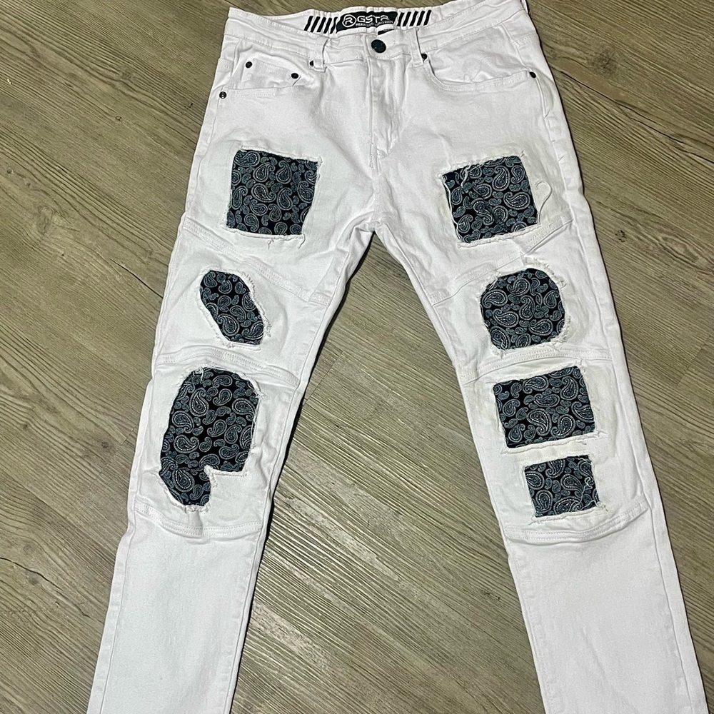 G-Star White, Black Bandannas Slim Stretch Moto Biker Rockstar Style Jeans